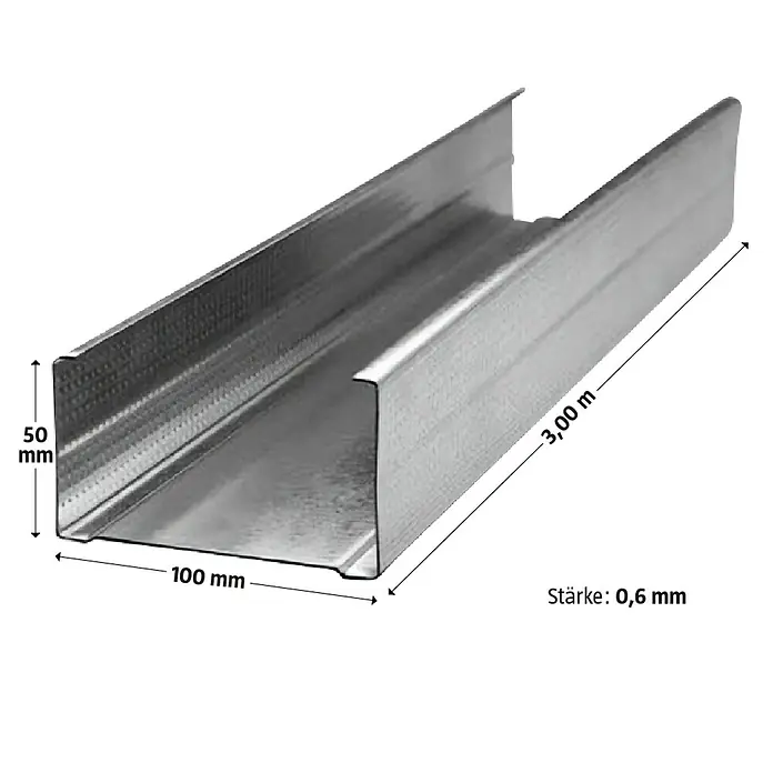 Probau CW-Standprofil - 3.000 x 100 x 50 mm - Abbildung eines 3 Meter langen, 100 mm breiten und 50 mm hohen Trockenbauprofils mit einer Stärke von 0,6 mm.