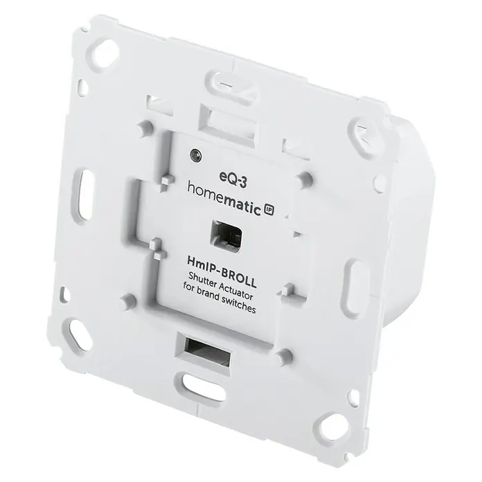 Homematic IP Set Rollladenschalter HmIP-BROLL-2 mit Access Point 2 - Unterputz, Funk - Detailansicht des Homematic IP-BROLL Jalousieaktor für Markenschalter. Der Aktor ist weiß und für die Integration in bestehende Schaltersysteme.
