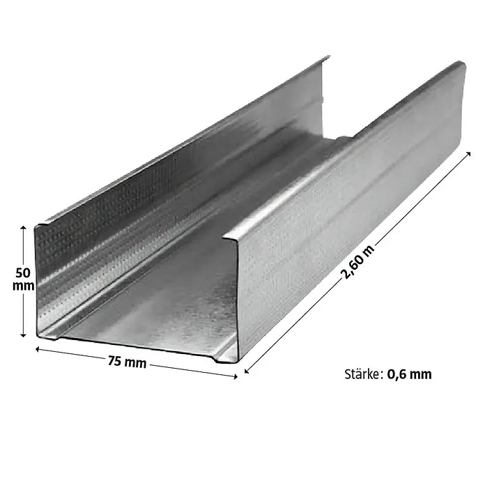 Probau CW-Standprofil - 2.600 x 75 x 50 mm - Profilschiene mit den Maßen 50 mm x 75 mm und einer Länge von 2,60 m. Die Stärke der Schiene beträgt 0,6 mm.
