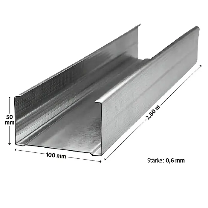 Probau CW-Standprofil - 2.600 x 100 x 50 mm - Abbildung eines Stahlprofils mit den Maßen 50 mm x 100 mm x 2,60 m und einer Stärke von 0,6 mm.