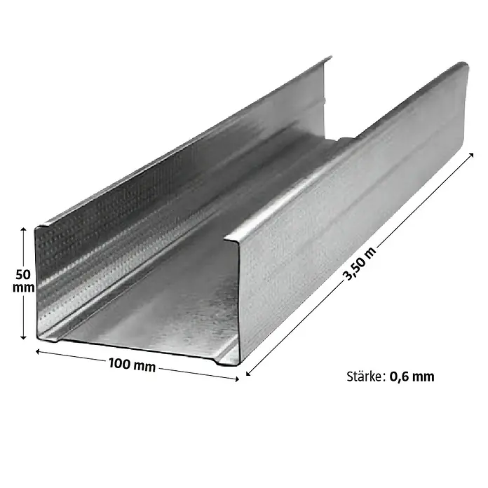Probau CW-Standprofil - 3.500 x 100 x 50 mm - Profilschiene aus Metall mit Maßen. Das Profil ist 3,50 m lang, 100 mm breit und 50 mm hoch. Die Materialstärke beträgt 0,6 mm.