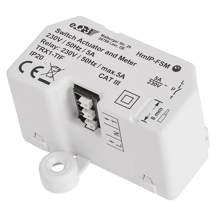 Homematic IP Funkschalter HmIP-FSM - 41 x 54 x 33 mm, Unterputz, 230 V, 5 A - Nahaufnahme eines weißen Homematic IP Schaltaktors mit Messfunktion, ideal für die Hausautomation, mit technischen Details aufgedruckt.