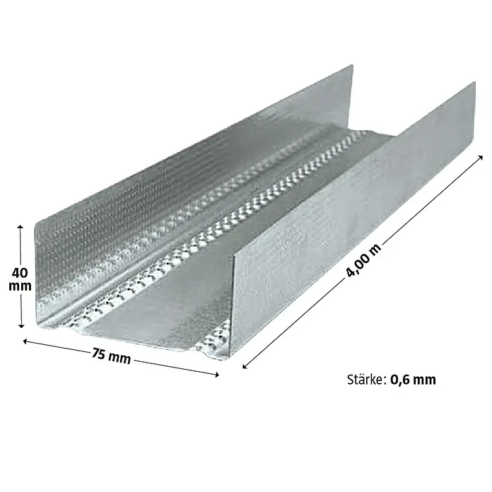 Probau UW-Rahmenprofil - 4.000 x 75 x 40 mm - Bild einer 4 m langen, 75 mm breiten und 40 mm hohen Gipskarton-Metallprofilschiene mit einer Stärke von 0,6 mm.