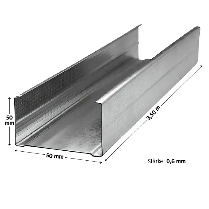 Probau CW-Standprofil - 3.500 x 50 x 50 mm - Bild eines U-Profils aus Metall, Länge 3,50 m, 50 mm hoch, 50 mm breit, Materialstärke 0,6 mm.