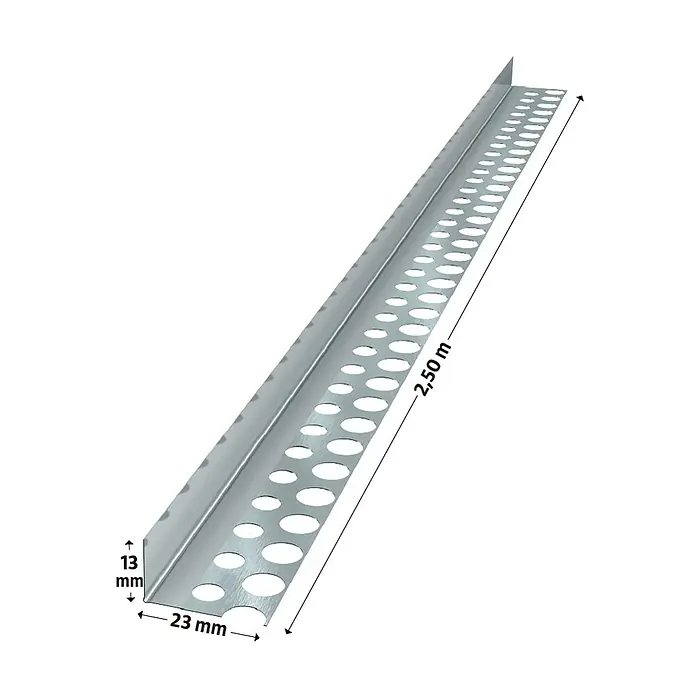 Probau Trockenbau-Eckprofil - 250 x 2,3 x 1,3 cm, Aluminium - Bild einer Putzschiene mit Abmessungen. Die Putzschiene ist silbern und hat Löcher. Die Abmessungen sind 2,50 m, 23 mm und 13 mm.