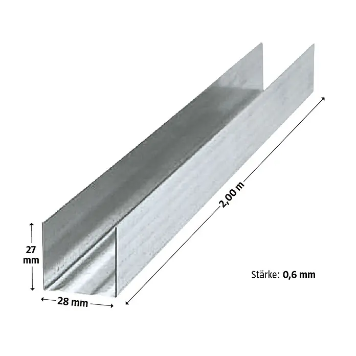 Probau UD-Wandanschlussprofil - 200 x 2,8 x 2,7 cm, Verzinkt - Abbildung eines 2 m langen, silberfarbenen CW-Profils mit den Maßen 27 mm x 28 mm und einer Stärke von 0,6 mm.