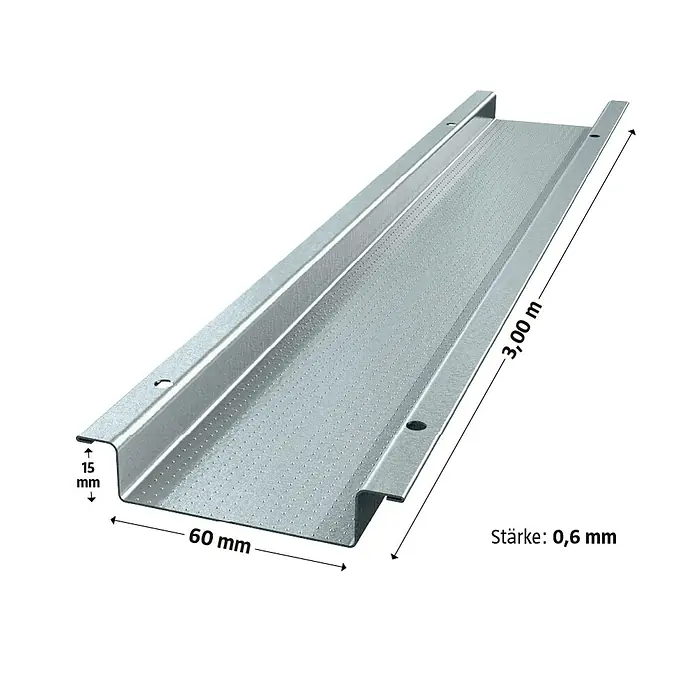 Probau Hutprofil - 3.000 x 60 x 15 mm, Stahl - Produktdarstellung: Eine 3,00 m lange, 60 mm breite und 15 mm hohe Metallschiene mit einer Materialstärke von 0,6 mm.
