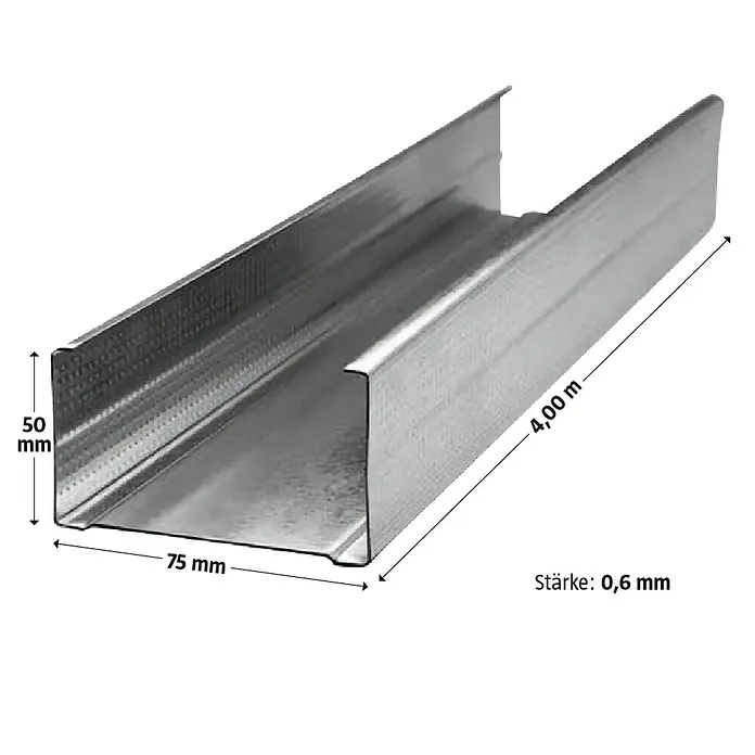 Probau CW-Standprofil - 4.000 x 75 x 50 mm - Abbildung eines 4,00 m langen Trockenbauprofils mit den Maßen 50 mm x 75 mm und einer Stärke von 0,6 mm.