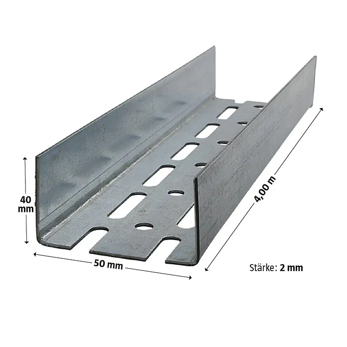 Probau UA-Aussteifungsprofil - 4.000 x 50 x 40 mm - Produktfoto einer Kabelrinne aus Metall mit den Maßen 40 x 50 mm und einer Länge von 4,00 m. Die Stärke beträgt 2 mm.