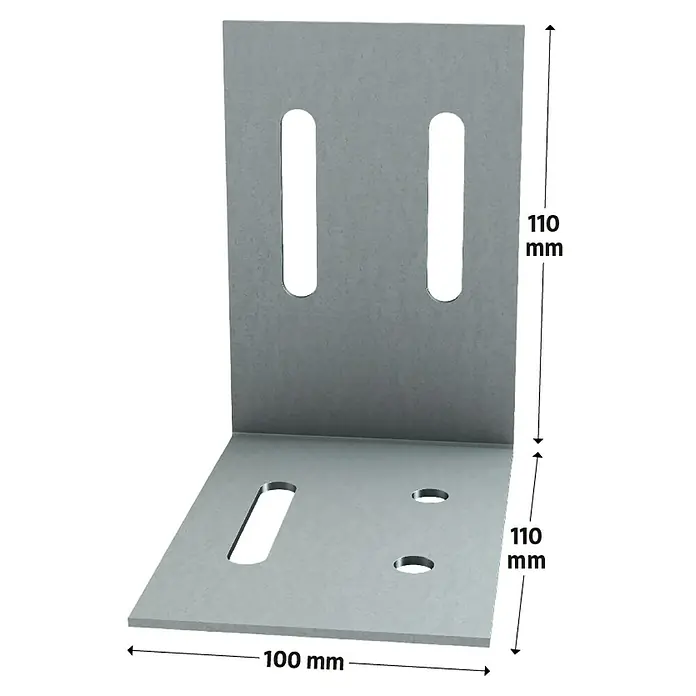 Probau Türpfostensteckwinkel - 100 x 110 x 110 mm - Winkelverbinder mit Langlöchern und Bohrlöchern. Die Maße sind 110 mm x 110 mm x 100 mm. Das Produkt ist aus Metall gefertigt.