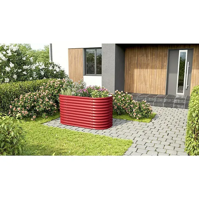 Vitavia Hochbeet Terra 858 - 162 x 82 x 85,8 cm, Zincalume®, Rubin/Ziegelrot - Roter, erhöhter Gartenbeet-Pflanzer aus gewelltem Metall. Eine stilvolle und praktische Lösung für Ihren Garten oder Außenbereich.