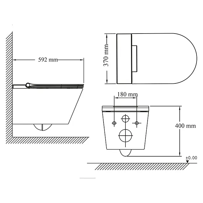 Camargue Wand-Dusch-WC-Set Moderno E-Clean - Spülrandlos, Mit schmutzabweisender Glasur, Spülform: Tief, WC Abgang: Waagerecht, Weiß - Technische Zeichnung einer Wandtoilette mit Maßen für Installation und Design.