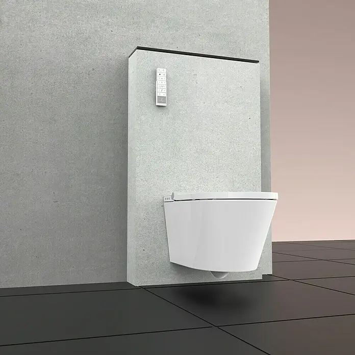 Camargue Wand-Dusch-WC-Set Moderno E-Clean - Spülrandlos, Mit schmutzabweisender Glasur, Spülform: Tief, WC Abgang: Waagerecht, Weiß - Ein modernes, wandhängendes WC mit Fernbedienung. Das spülrandlose Design und die saubere Optik machen es zu einem Highlight im Badezimmer.