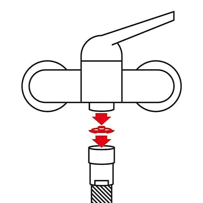 Neoperl Strahlregler - ½″, 1 Stk., 9 l/min - Diagramm: Schlauchanschluss an einen Wasserhahn mit Herunterdrücken und Schrauben, dargestellt durch rote Pfeile.