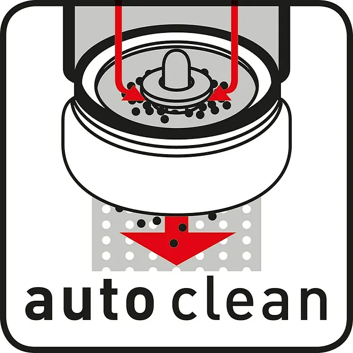 Neoperl Cascade SLC Wassersparstrahlregler - 2 Stk., 9 l/min, Chrom - Das Bild zeigt ein "Auto Clean"-Symbol mit einer schematischen Darstellung einer Selbstreinigungsfunktion.