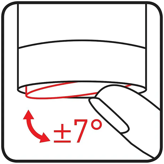 Neoperl Wassersparstrahlregler - M 22, 1 Stk., Chrom - Illustration einer Hand, die ein Rohr um ±7° neigt, dargestellt in Schwarz-Weiß-Linien mit roten Akzenten für die Neigungsanzeige.