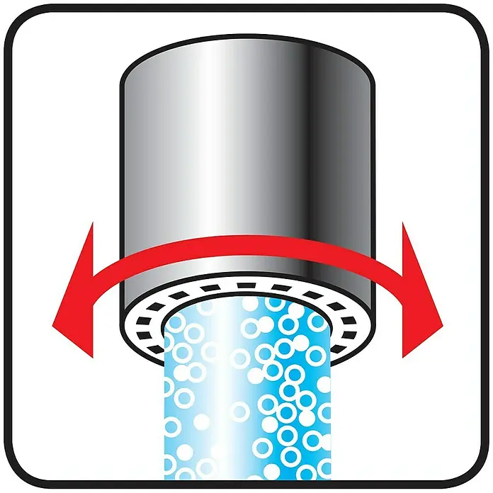 Neoperl Strahlregler Varioduo - M22/M24, 5,7 l/min - Abbildung einer Vorrichtung mit einem Pfeil, die eine Drehbewegung zur Wasserregulierung oder Reinigung andeutet.