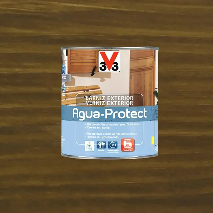 V33 Barniz para madera Exterior AguaProtect - Nogal, 750 ml, Brillante - Bote de barniz para madera Aqua-Protect exterior con protección UV y lluvia, de secado rápido, ideal para proteger y realzar superficies de madera.