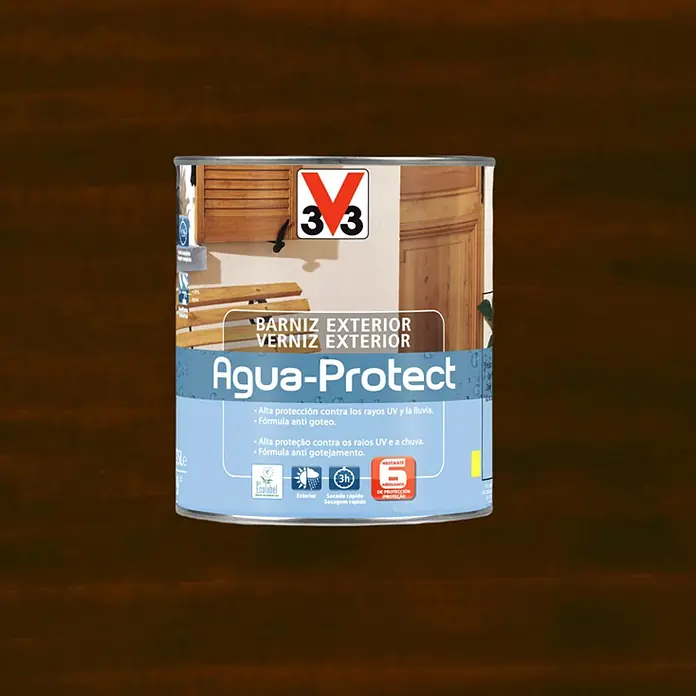 V33 Barniz para madera Exterior AguaProtect - Roble oscuro, 750 ml, Brillante - Imagen de una lata de barniz exterior Aqua-Protect, que protege la madera de los rayos UV y la lluvia, y proporciona un secado rápido.