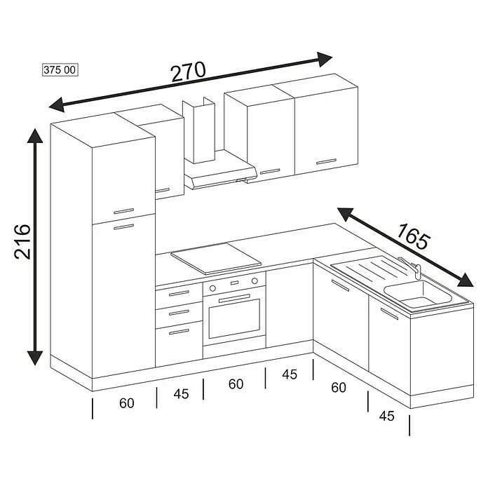 Marinelli Cucine Vormontierte Winkelküche Luce - B x T: 270 x 160 cm, Weiß, Mit Elektrogeräten, Spüle links - Eine perspektivische Zeichnung einer Küchenzeile mit Maßen, die eine funktionale Raumplanung und das Design der Küchenmöbel hervorhebt.