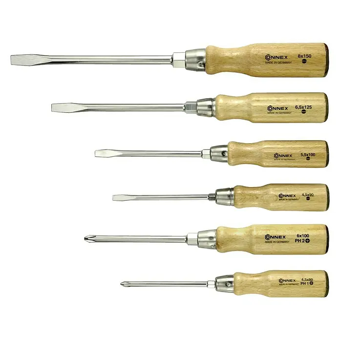 Connex Set de destornilladores COX321206 - 6 pzs. - Un juego de seis destornilladores ONNEX con mangos de madera, que incluye varios tamaños y tipos, como destornilladores planos y Phillips.