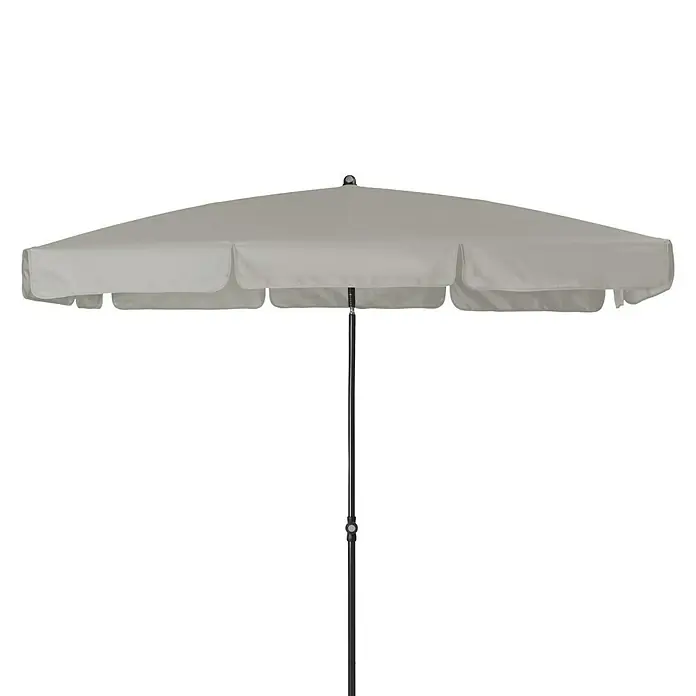 Doppler Sunline Marktschirm Waterproof Neo - Grau, Bespannungsmaß (L x B): 225 x 120 cm - Eine Nahaufnahme eines grauen Sonnenschirms mit einem schwarzen Mast vor einem weißen Hintergrund.