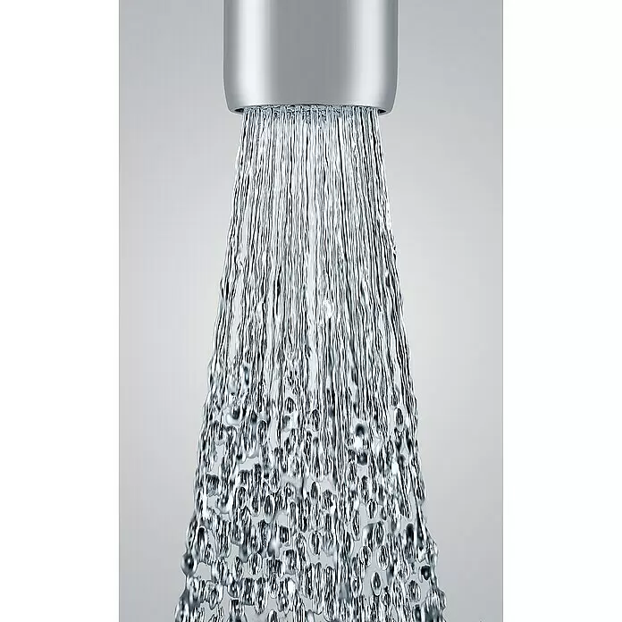 Neoperl Strahlregler PCA Spray - M 22 - Silberner Wasserhahn, aus dem mehrere Wasserstrahlen in Tropfen übergehen.