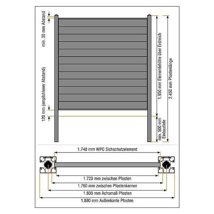 Kovalex Sichtschutzelement Premium Startermodul Komplettset - B x H: 180 x 180 cm, Anthrazit - Graues WPC-Sichtschutzelement mit Pfosten, Installationszeichnung mit Maßen für Höhe, Breite und Einbautiefe.