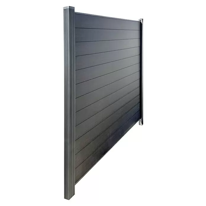 Kovalex Sichtschutzelement Premium Startermodul Komplettset - B x H: 180 x 180 cm, Anthrazit - Dunkelgraues Sichtschutzzaunelement mit horizontalen Lamellen und stabilen Pfosten.