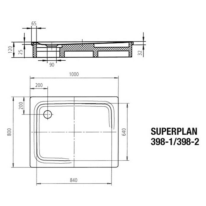 Kaldewei Duschwanne Superplan 398-1L x B: 100 x 80 cm, Stahl, Weiß Sketch