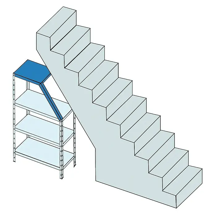 Regalux Winkelprofil - L x B x H: 4 x 4 x 250 cm, Verzinkt - Das Bild zeigt eine Regaleinheit mit blauer Oberseite und eine Treppe mit hellblauen Stufen. Die Regaleinheit steht links von der Treppe.