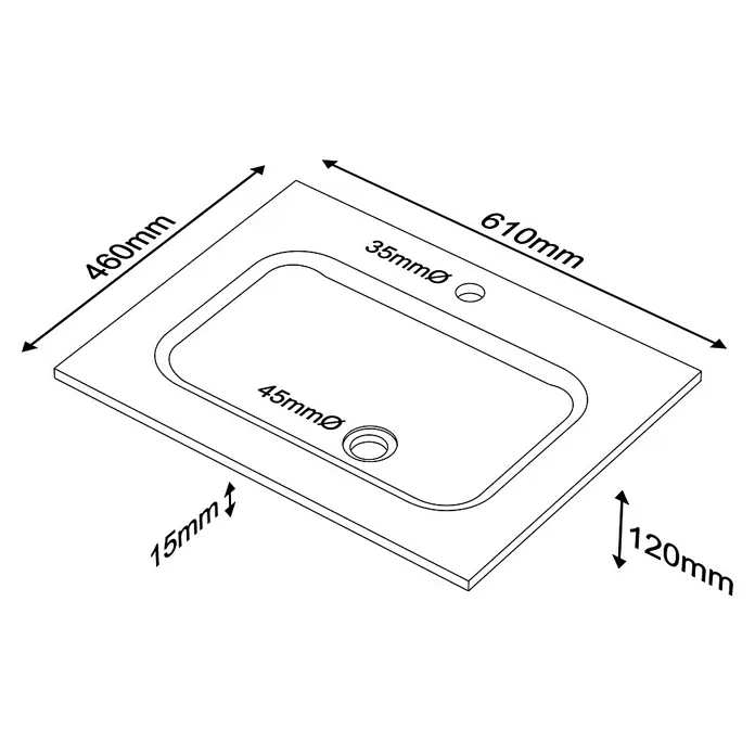 Lavabo Cristal - 61 x 46 cm, Orificios para grifo: Medio, Sin desbordamiento, Blanco optico mate - Imagen de un lavabo con dimensiones de 460 x 610 mm, un agujero para grifo de 35 mm y un agujero de desagüe de 45 mm.
