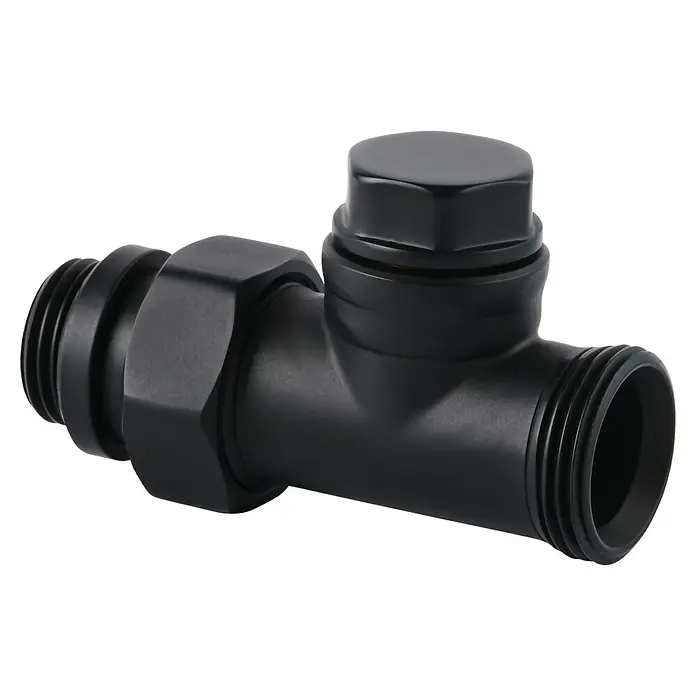 Sanicomfort Heizkörperverschraubung - ½″, Durchgang, Tiefschwarz 9005 - Schwarzes T-Stück mit Anschlussgewinden und Ventilkopf. Ideal für Sanitärinstallationen und Heizungssysteme.
