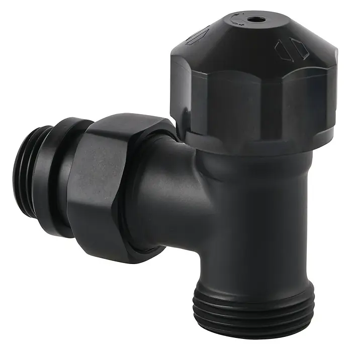 Sanicomfort Thermostat-Ventilunterteil - ½″, Eck, Tiefschwarz 9005 - Schwarzes Winkelstück mit Gewindeenden und einem Drehknopf für präzise Ventilsteuerung.