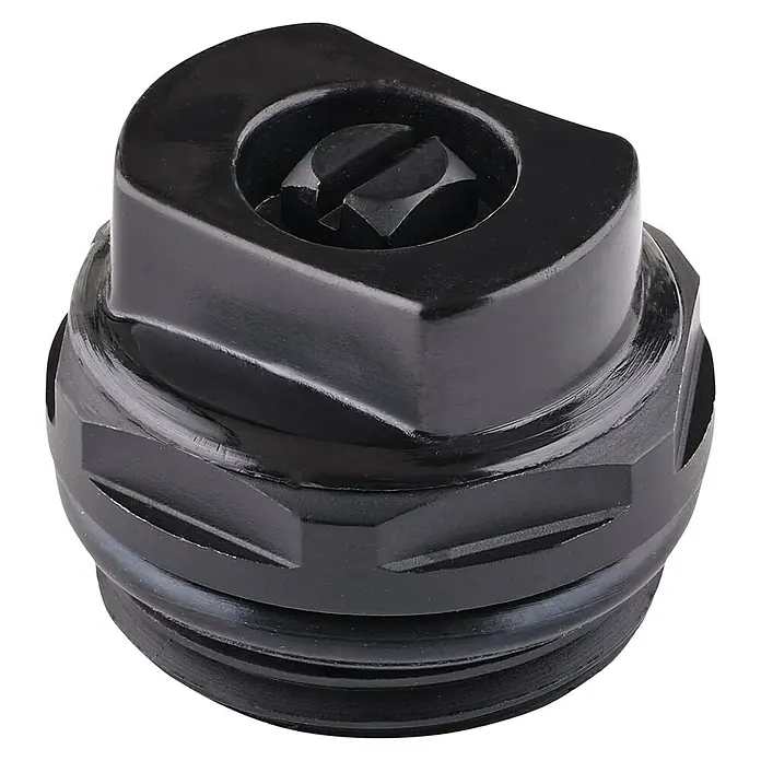 Sanicomfort Entlüftungsstopfen - ½″, Tiefschwarz 9005 - Schwarzer Entlüftungsstopfen mit Schlitz für einfache Installation und Wartung, ideal für diverse Anwendungen.