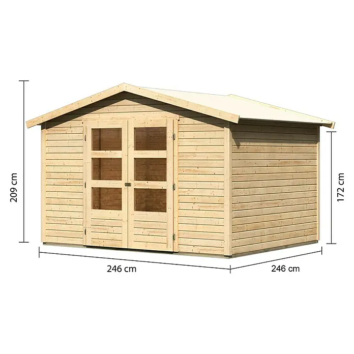 Karibu Gartenhaus Amberg - Außenmaß inkl. Dachüberstand (B x T): 272 x 282 cm, Holz, Natur - Abbildung eines Holzgartenhauses mit Maßen. Es ist 246 cm breit und tief. Die Gesamthöhe beträgt 209 cm.
