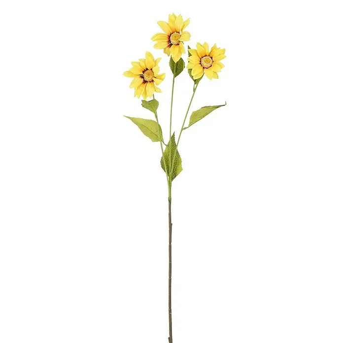 Flor artificial Bellis - Altura: 76 cm, Amarillo - Tallo de girasol artificial con tres flores amarillas y hojas verdes, ideal para decoraciones.