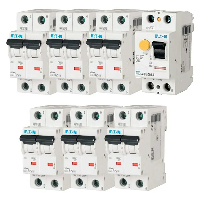 Eaton Magnetotérmico automático Kit Basic - 40 A, Corriente de falla de diseño: 30 mA, 2 ud. - Varios interruptores diferenciales Eaton (RCCB) para proteger circuitos eléctricos, garantizando mayor seguridad en instalaciones eléctricas.