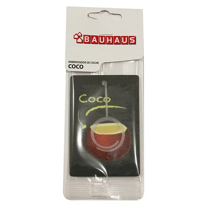 BAUHAUS Ambientador de coche - Cocos - Ambientador de coche de Bauhaus con aroma a coco, envasado en plástico transparente para proteger el producto, fácil de colgar.