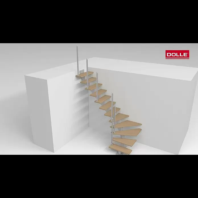 Dolle Mittelholmtreppe HamburgBreite: 75 cm, 1/4-gewendelt, Verkehrsweiß, Farbe Stufen: Eiche Natur, Geschosshöhe: 259 cm - 301 cm - Montagevideo Mittelholmtreppe DOLLE Hamburg viertel gewendeltMontagevideo Mittelholmtreppe DOLLE Hamburg viertel gewendelt