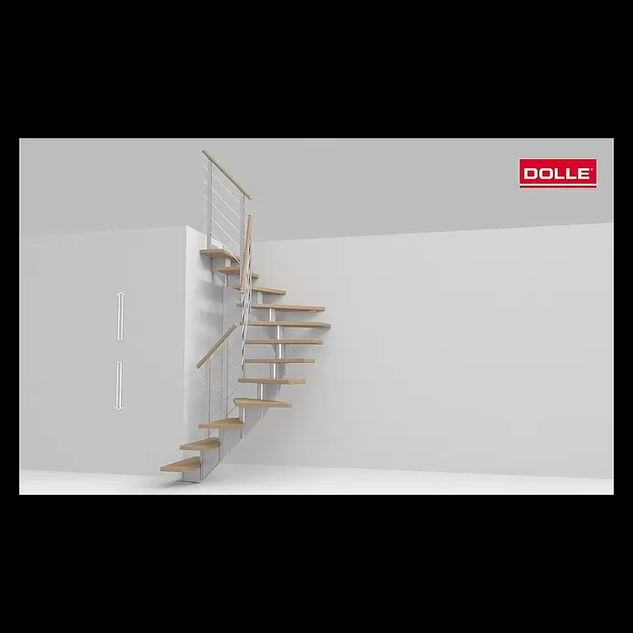 Dolle Mittelholmtreppe HamburgBreite: 75 cm, 1/2-gewendelt, Perlgrau, Farbe Stufen: Eiche Natur, Geschosshöhe: 222 cm - 258 cm - Montagevideo Mittelholmtreppe DOLLE Hamburg halb gewendelt