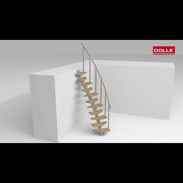 Dolle Mittelholmtreppe BerlinBreite: 64 cm, Variabel, Weiß, Farbe Stufen: Buche Natur, Geschosshöhe: 222 cm - 270 cm - Montagevideo Mittelholmtreppe DOLLE Berlin viertel gewendelt
