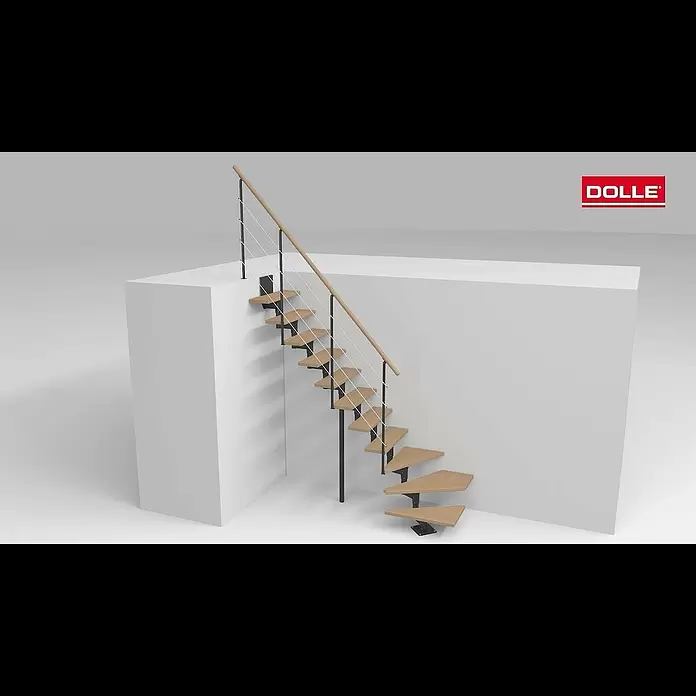 Dolle Mittelholmtreppe Boston - Breite: 74 mm, Anthrazitgrau, 1/4-gewendelt, Farbe Stufen: Eiche Natur, Geschosshöhe: 228 cm - 300 cm - Montagevideo Mittelholmtreppe DOLLE Boston - viertelgewendelt