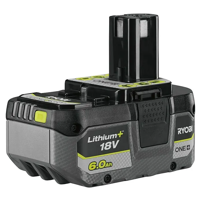 Ryobi ONE+HP Batería - 18 V, 6 Ah - Aquí tienes una batería Ryobi ONE+ 18V 6.0Ah Lithium+. La batería es negra y gris con detalles verdes y tiene una capacidad de 6.0Ah.