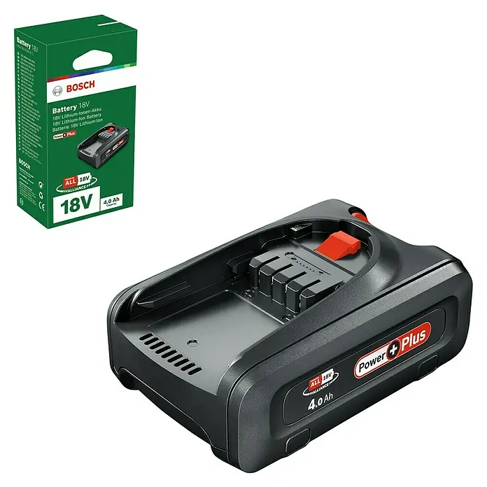 Bosch Power for All 18V Batería PBA 4.0Ah - 18 V, 4 Ah - La imagen muestra una batería Bosch Power Plus de 18 V y una estación de carga de batería. El producto es adecuado para aficionados al bricolaje.
