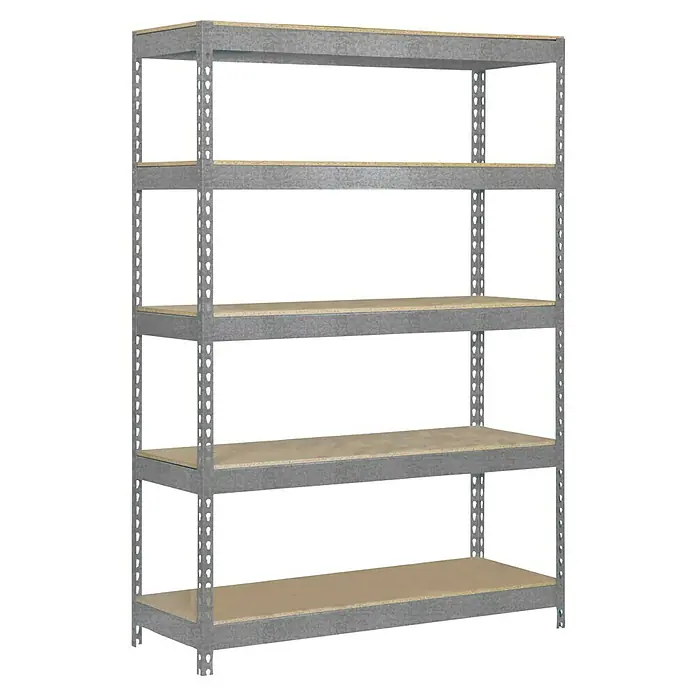 Simonrack Bricoforte Schwerlastregal Bricoforte Chipboard - H x B x T: 200 x 100 x 60 cm, Traglast pro Boden: 300 kg, Anzahl Böden: 5 Stk., Stecken, Silber - Ein graues Metallregal mit fünf Regalböden, ideal für Lagerung und Organisation in verschiedenen Umgebungen. Praktisch und robust.