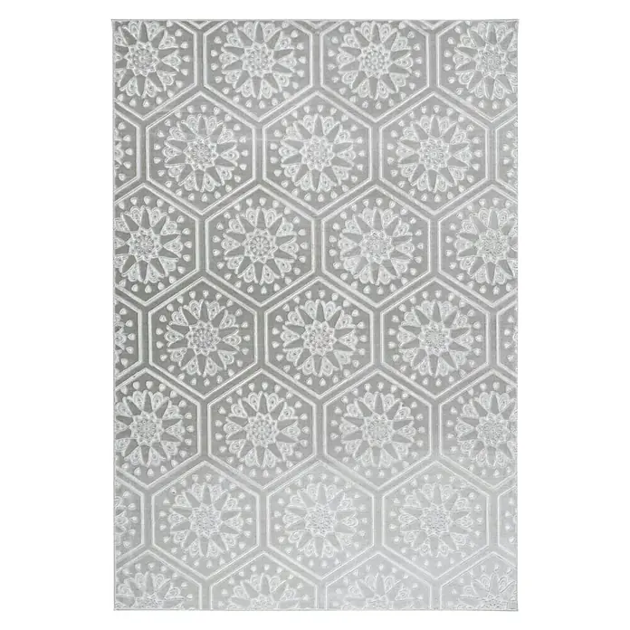 Kayoom Kurzflorteppich Monroe II - Grau/Blau, 230 x 160 cm, 100 % Polyester - Muster aus floralen Motiven in Sechsecken auf einer weißen, strukturierten Oberfläche. Dekoratives Element für verschiedene Designprojekte.
