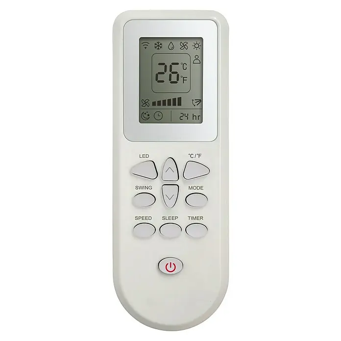 PR Klima Aire acondicionado portátil Helios 3 en 1 - 3.500 W, Tamaño de la estancia: 35 m², Blanco - Primer plano de un mando a distancia de aire acondicionado con pantalla LED y varios botones para la temperatura, el modo y la configuración del temporizador.