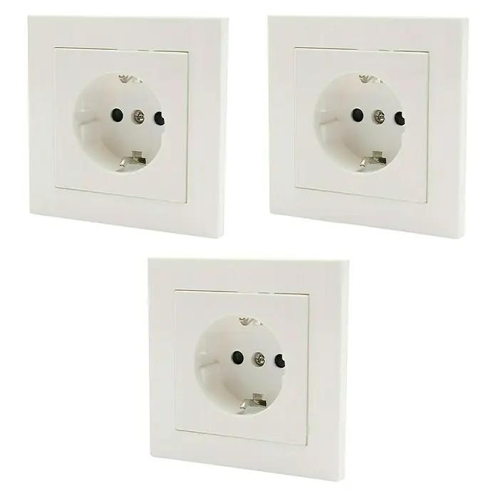 Enchufe London pack x3 - Blanco, Plástico, Montaje en superficie - Tres enchufes Schuko blancos, cuadrados, para un suministro de energía seguro en el hogar o la oficina.