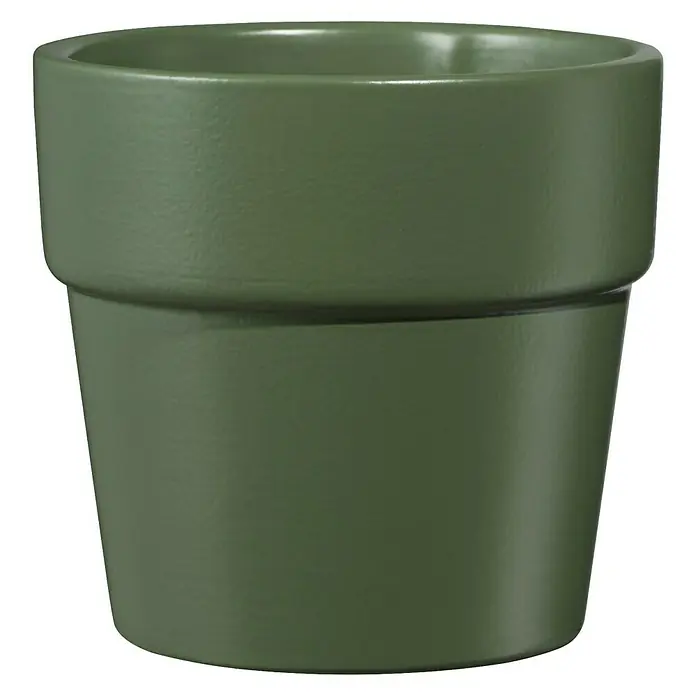 Soendgen Keramik Übertopf rund Lima - Außenmaß (Ø x H): 7 x 7 cm, Moosgrün, Keramik, Matt - Nahaufnahme eines matten, olivgrünen Blumentopfs aus Keramik mit zylindrischer Form und einer markanten, leicht abgesetzten Oberkante.